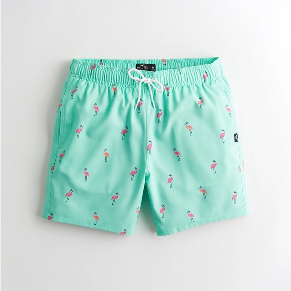Hollister Men’s 4-WAY STRETCH GUARD SWIM TRUNK 5” Inseam Mint Green Flamingo - Picture 1 of 6